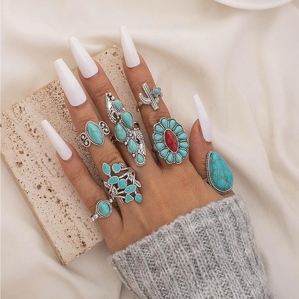 Turquoise and Red Statement Ring Set